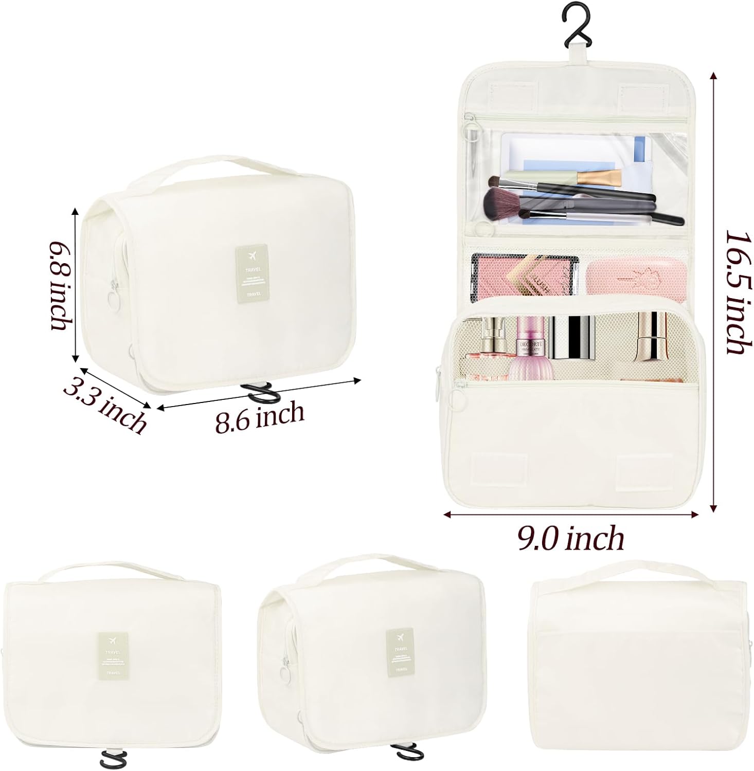 Neceser para mujer de viaje, bolsa de maquillaje con cremallera, artículos de aseo esenciales de tamaño de viaje, Beige, Viajes