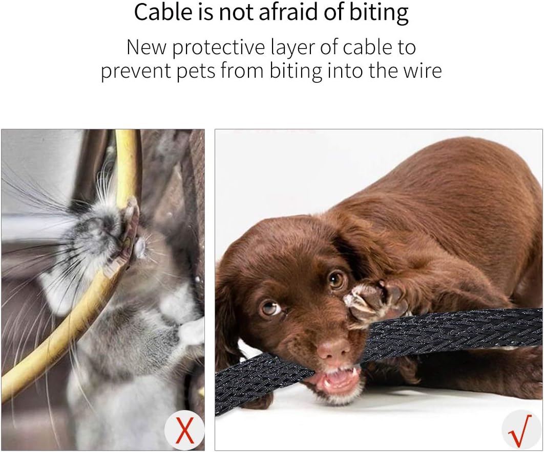 Protector de cable expandible de PET negro y azul para cable de carga USB, cable de alimentación, cable de audio y video, puede proteger al perro