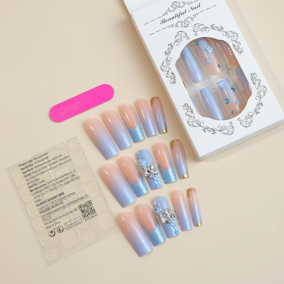 Uñas postizas de punta francesa, largas, cuadradas, a presión, mariposa con diamantes de imitación y flores, diseño de brillantina, uñas postizas