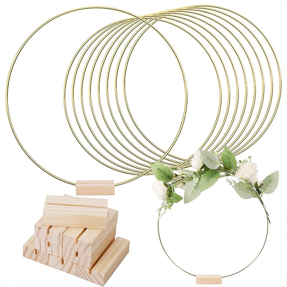 10 piezas de centro de mesa de aro floral de metal, anillo de corona dorada de 12 pulgadas con 10 soportes de madera, centro de mesa, decoración