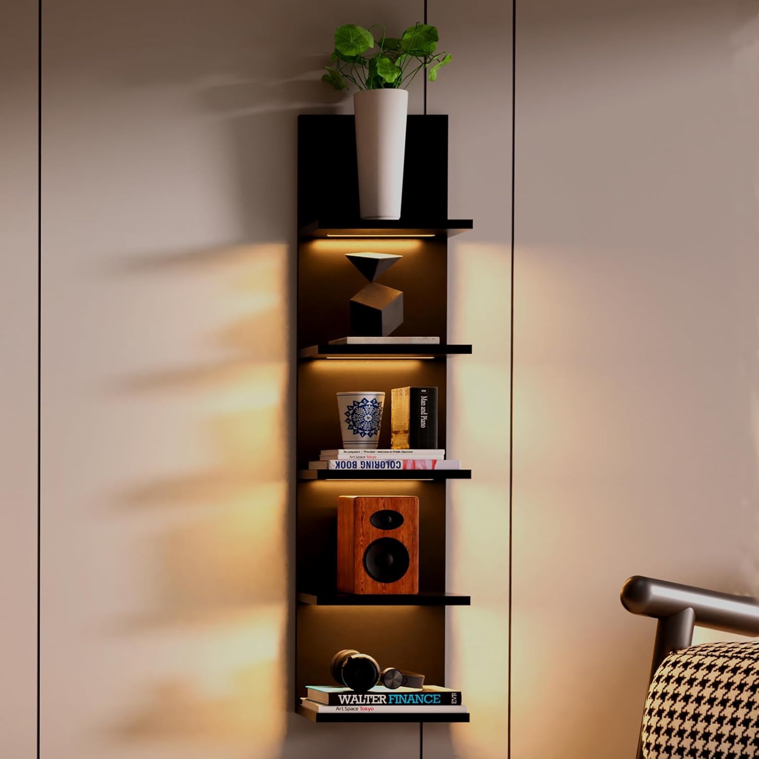 Estantes de pared de 5 niveles con luz LED, estante de columna vertical, almacenamiento flotante, organizador de decoración del hogar, estante de