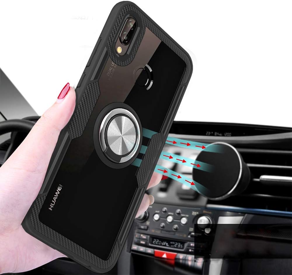 Funda de teléfono para Huawei P20 Lite con protector de pantalla de vidrio templado, cubierta transparente y soporte para anillo de soporte,