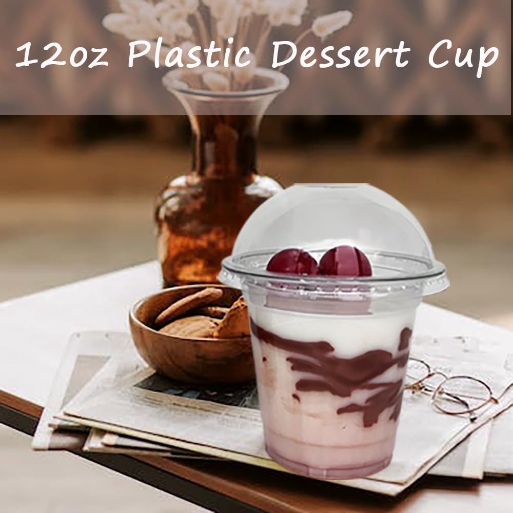 Vasos de plástico transparente, 50 tazas y tapas de 12 onzas, tazas de postre con tapas, ideales para parfaits, pudín, yogur y mini golosinas, tazas