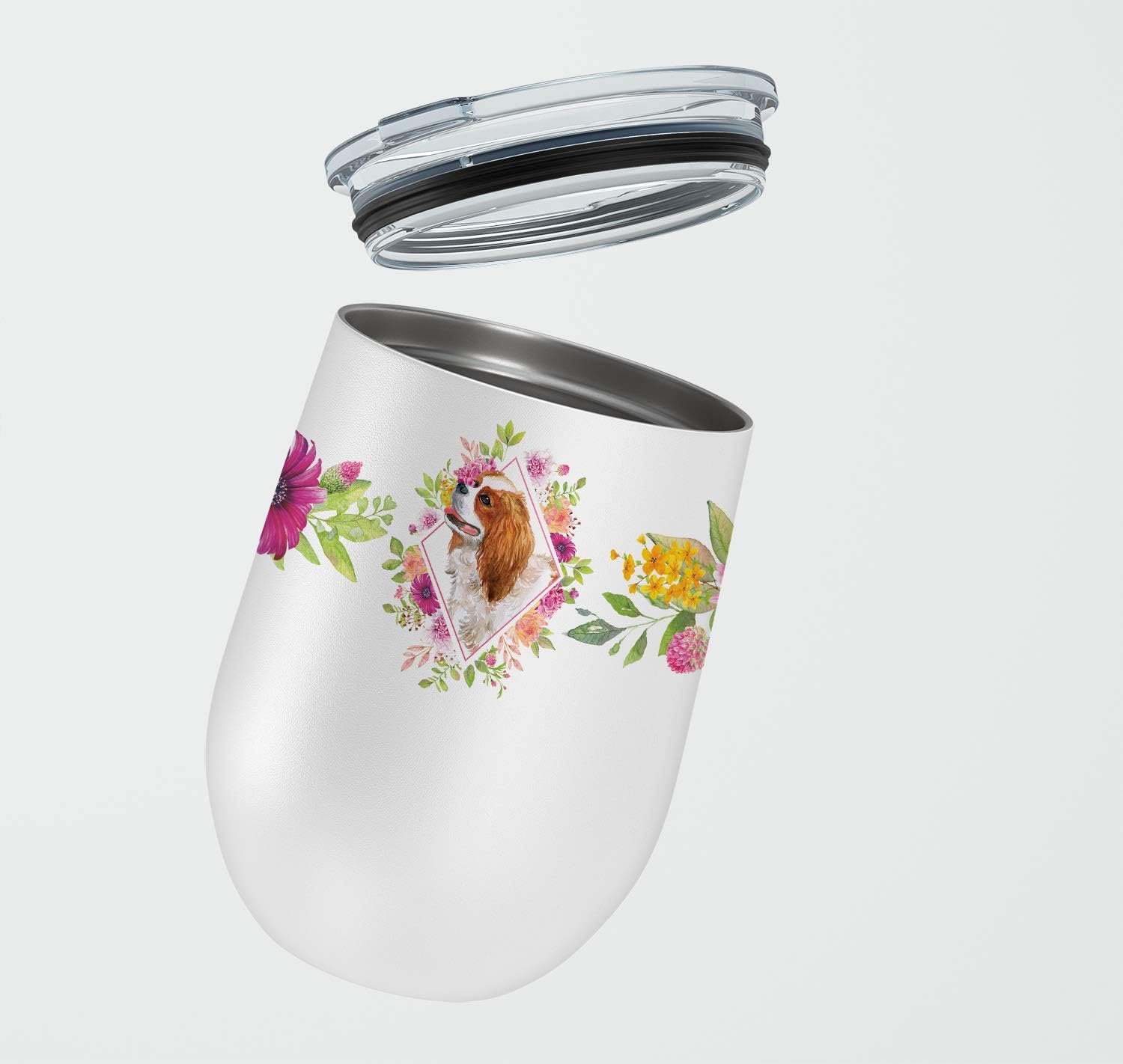 Caroline’s Treasures CK4126TBL12 Cavalier King Charles Spaniel – Vaso de vino aislado de acero inoxidable de 12 onzas con tapa, bonita taza de viaje