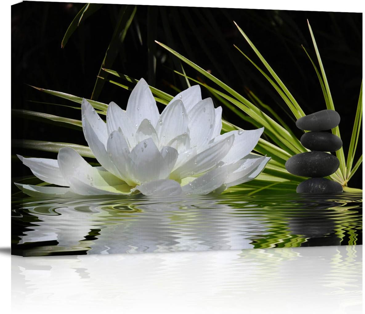 Lienzo decorativo para pared, imagen de loto blanco y piedras zen negras, decoración moderna de pared, envoltura de lienzo de galería, impresión