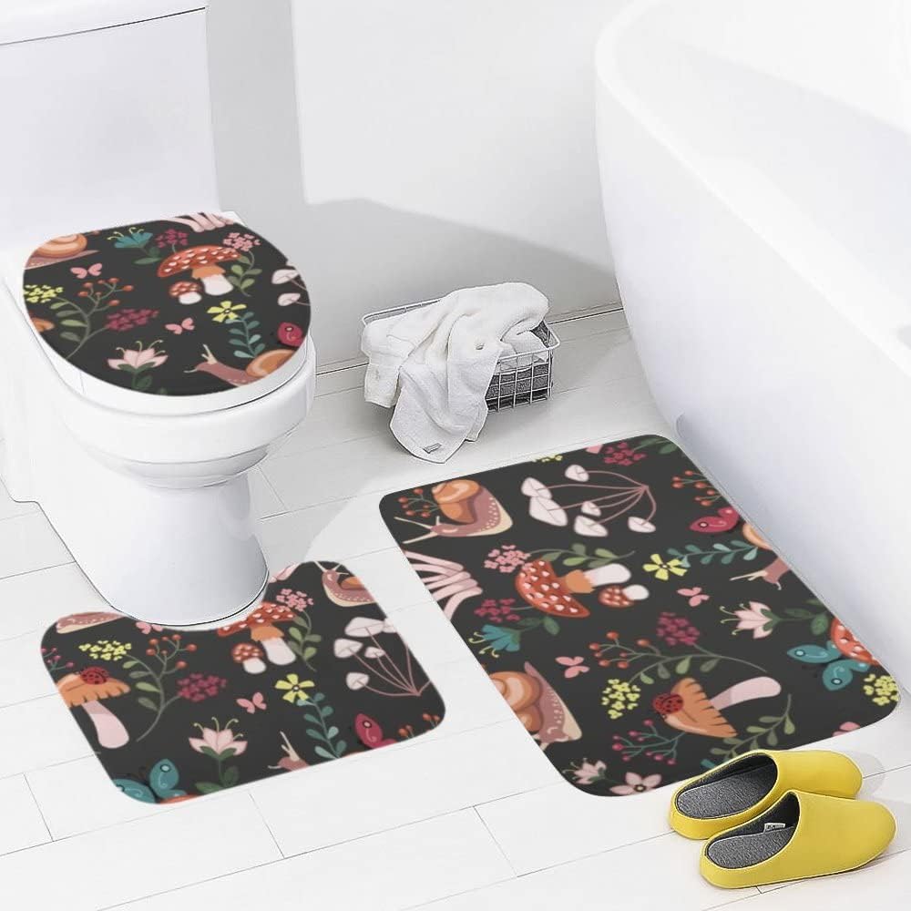 Hapuxt Juego de tapetes de baño antideslizantes, incluye tapete de contorno en forma de U, funda para asiento de inodoro, setas, caracoles, flores