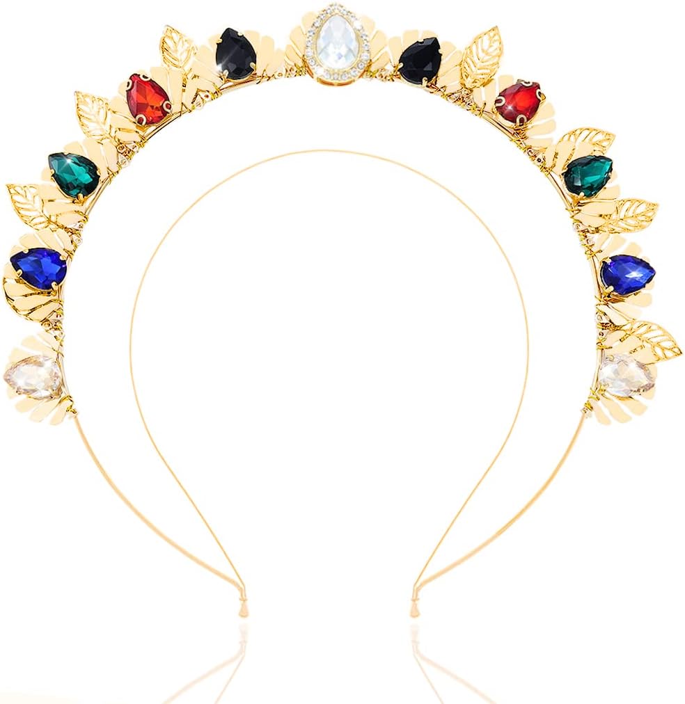 Fstrend Diadema barroca con corona de diamantes de imitación, tiaras de hojas doradas, diadema de novia, boda, reina, cumpleaños, graduación,