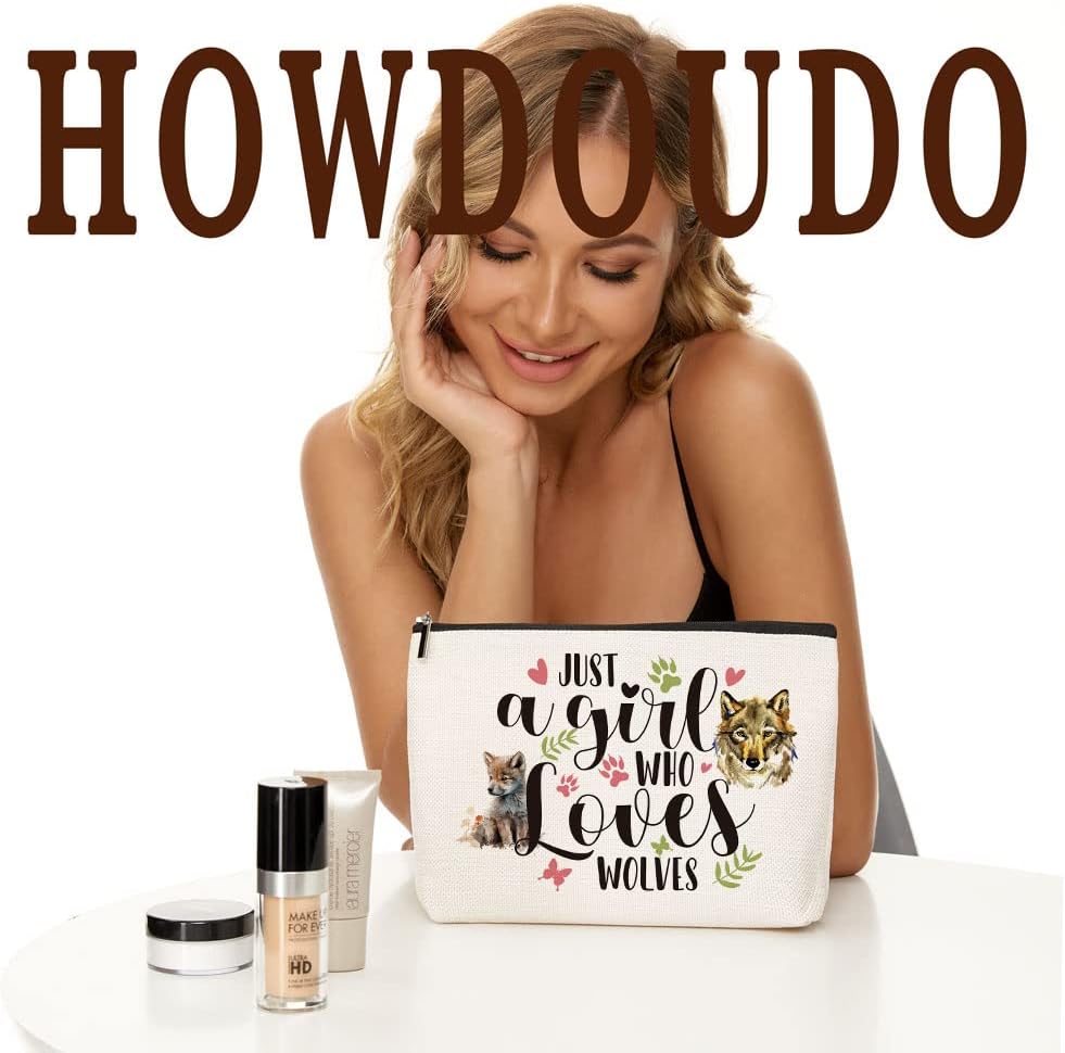 Regalos de lobo, bolsa de maquillaje con texto en inglés Just A Girl Who Loves Wolves (Just A Girl Who Loves Wolves), Beige