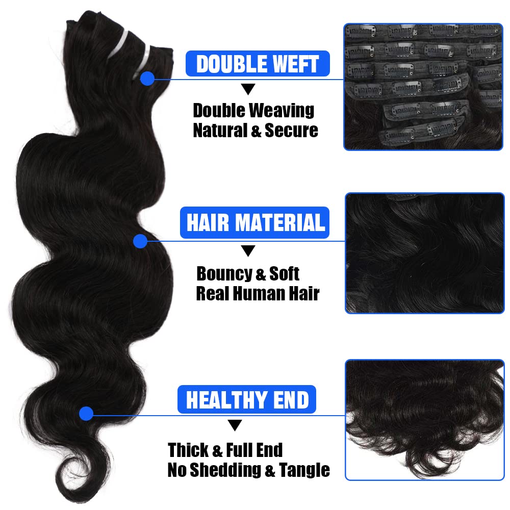 Extensiones de cabello humano ondulado con clip, de 20 pulgadas, para mujeres negras, doble trama, cabeza completa, 8 piezas con 20 clips, color