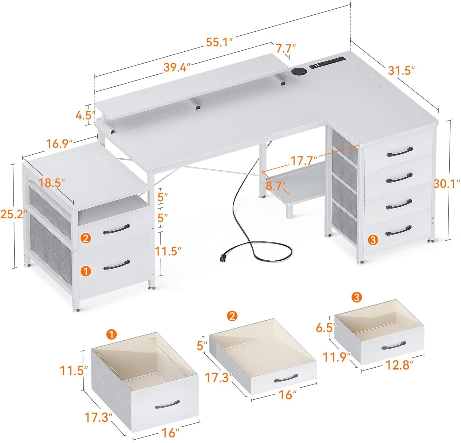 KKL Escritorio para computadora en forma de L con cajones de archivos, 3 tomas de corriente y 2 puertos USB, escritorio de oficina en casa de 72