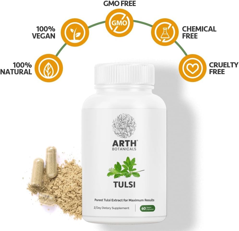Suplemento de hierbas de albahaca sagrada y tulsi  Extractos de albahaca sagrada para aliviar el estrés, la relajación y el apoyo a la calma  60