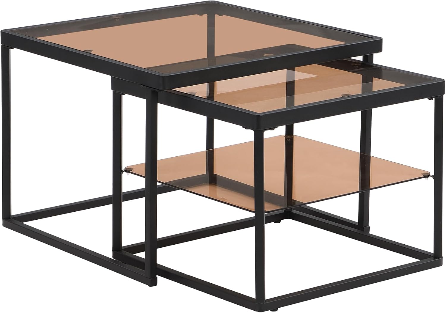 Merax Juego de mesa auxiliar anidada con diseño de combinación alta y baja, mesa de cóctel moderna de vidrio templado marrón con marco de metal,