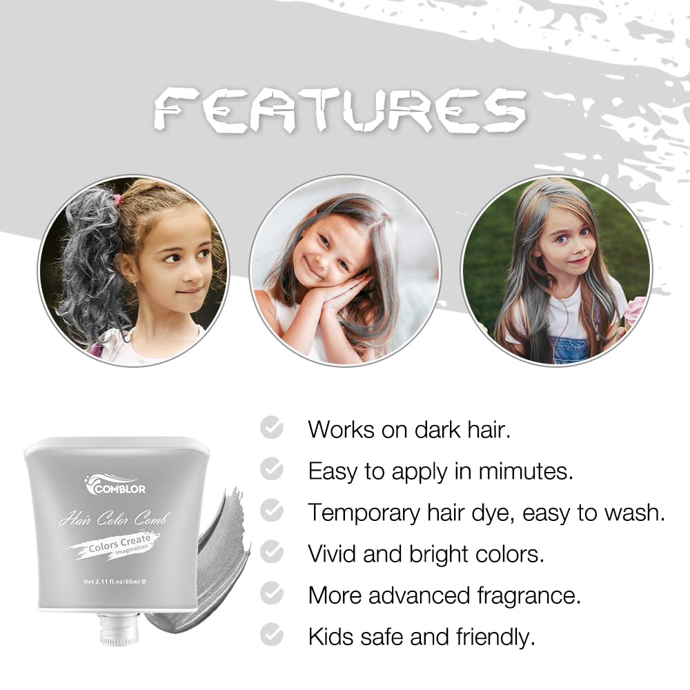 Tinte temporal para el cabello para niños, tinte gris de Comblor para el cabello, cera de color gris lavable para niñas, niños, adolescentes y