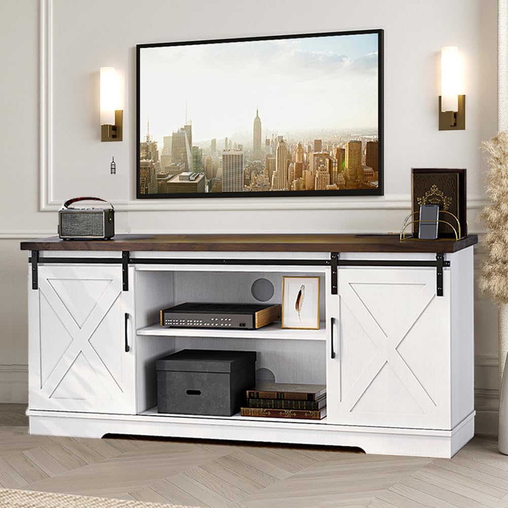 IDEALHOUSE Soporte de TV de granja, centro de entretenimiento para consola multimedia de TV de 65 pulgadas, soporte de TV blanco con puerta de