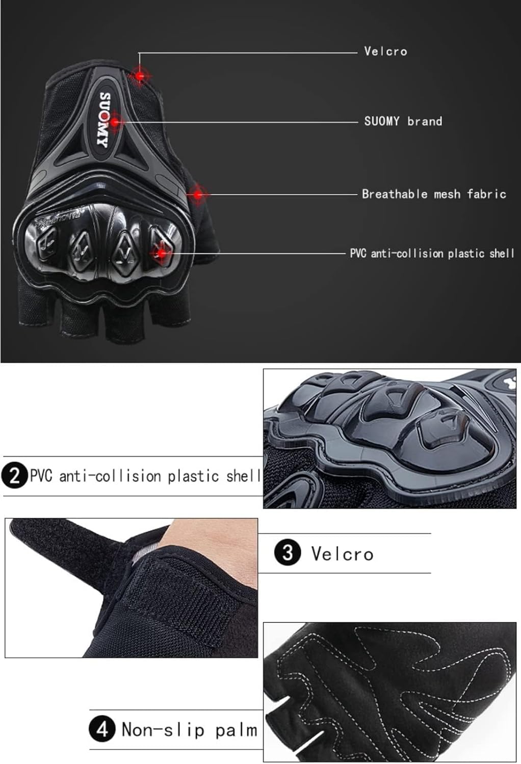 Guantes de motocicleta para hombre, medio dedo, malla transpirable, guantes de motocicleta para nudillos duros, para pantalla táctil, guantes