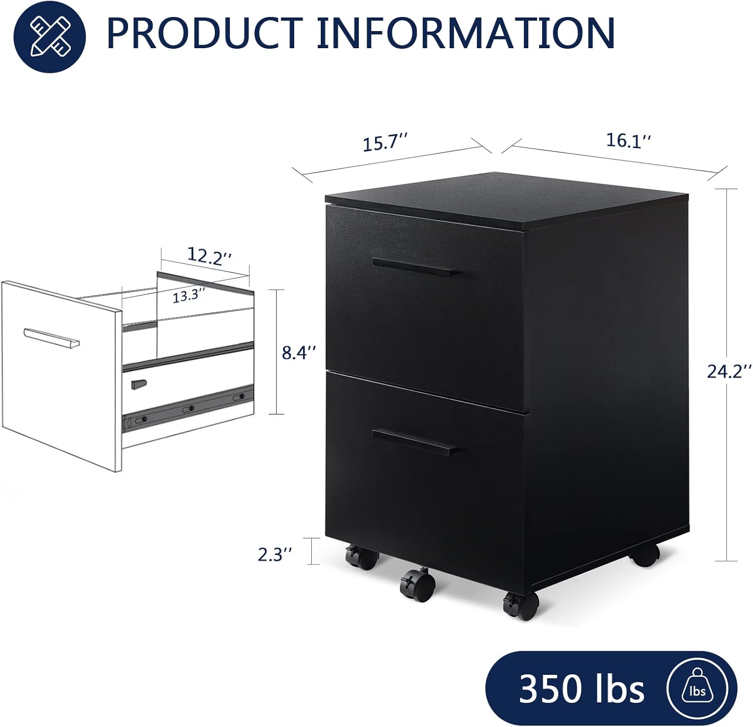 VICLLAX Archivador móvil de 2 cajones, archivador vertical para archivos legalescartaA4, montaje necesario, negro