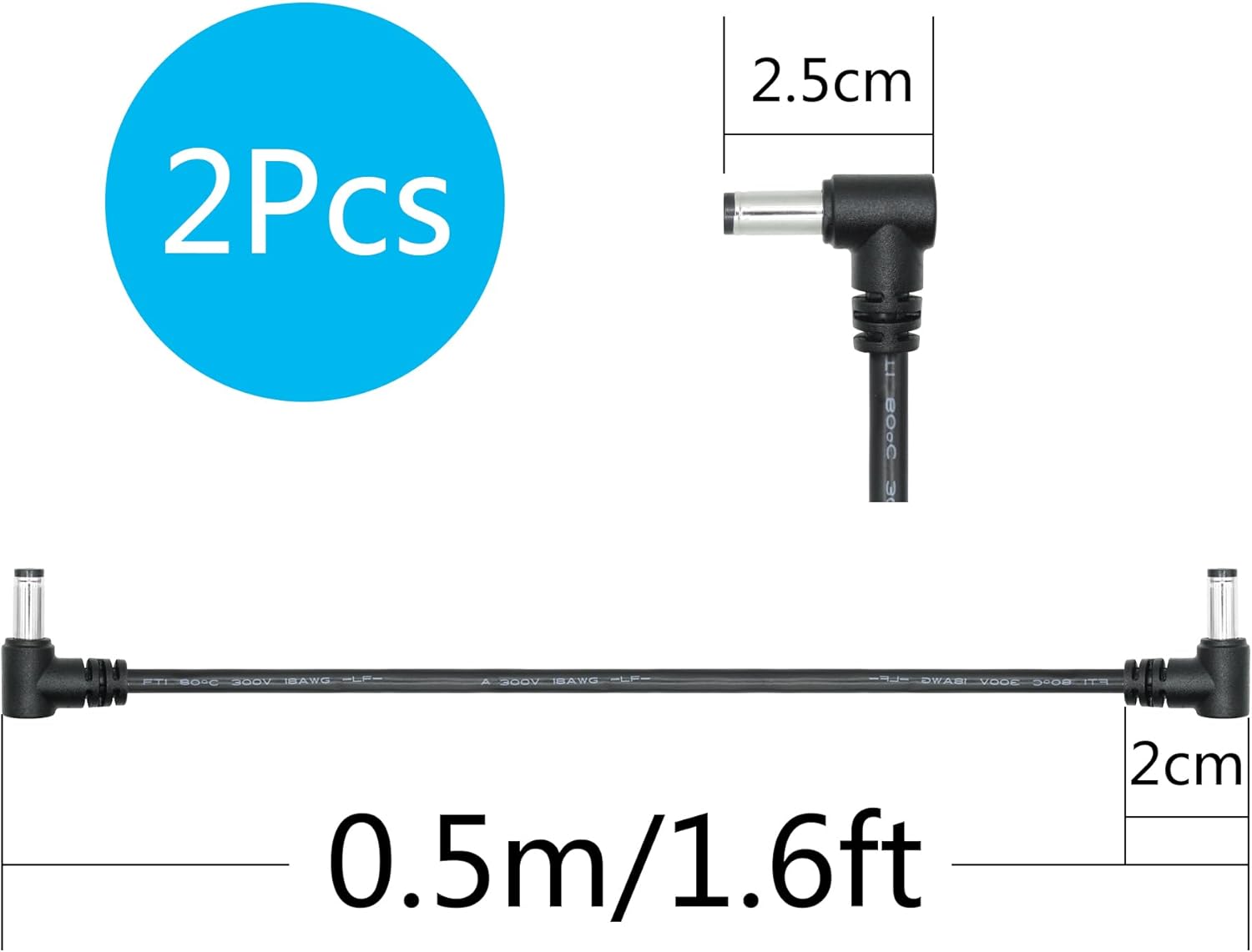 Cable de extensión de ángulo recto CC macho a macho de 1.6 pies, 18 AWG, 90 grados CC, 0.217 in x 0.083 in, adaptador de conector de cable de