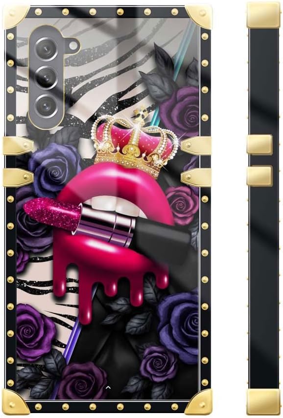 Funda compatible con Samsung Galaxy S23 Plus, funda cuadrada de labios rojos con corona para niñas y mujeres, funda decorativa de metal suave de