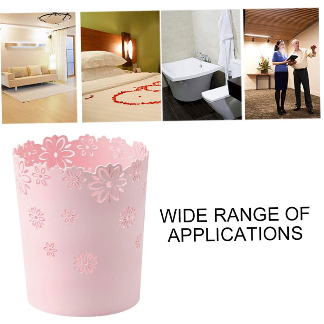 Papelera redonda de color rosa, papelera de basura para dormitorio, cesta de basura de plástico, hueco de plástico, cesta de basura con encaje de
