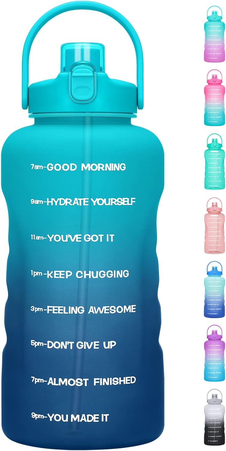 Botella de agua de un galón con popote, 128 onzas (3.8 L), libre de BPA – Innovadora botella deportiva con tapa 2 en 1 con recordatorios