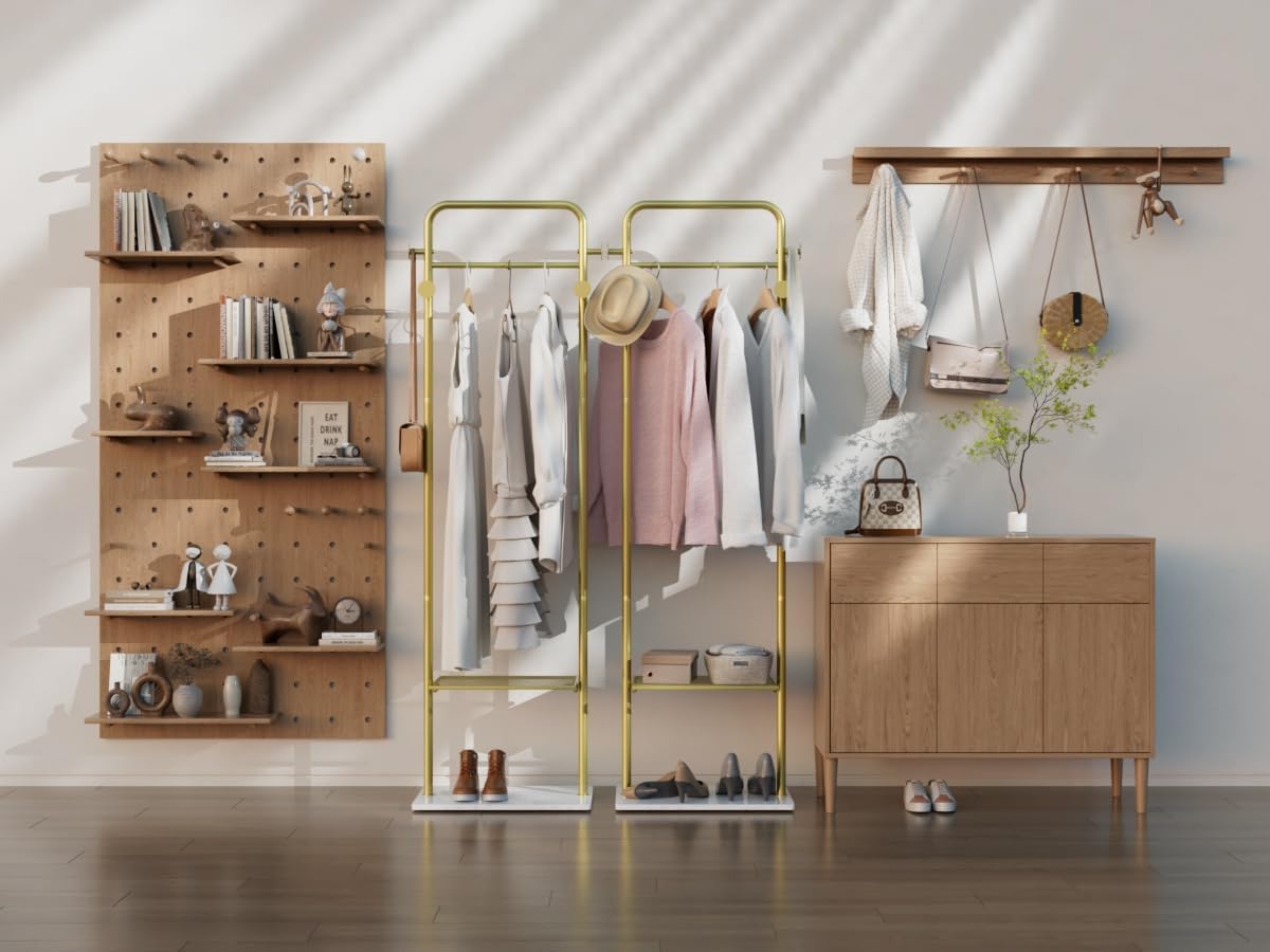 Perchero dorado con estante percheros dorados para boutiques, perchero independiente para colgar ropa – Perchero dorado – Perchero industrial dorado