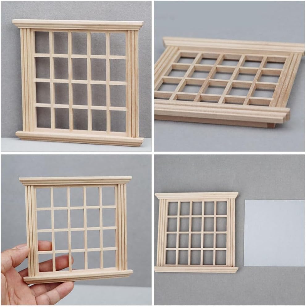 ibasenice Marco de ventana de casa de muñecas Marco de ventana miniatura de madera 1 12 Mini 20 paneles en blanco ventana de muñeca casa de muñecas