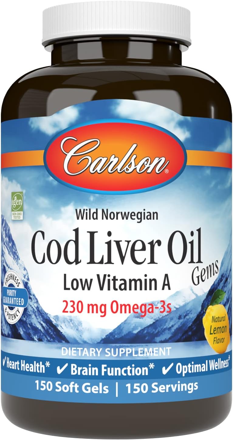 Carlson – Gemas de aceite de hígado de bacalao, baja vitamina A, 230 mg de omega-3, noruego, capturado en la naturaleza, de origen sostenible, 150