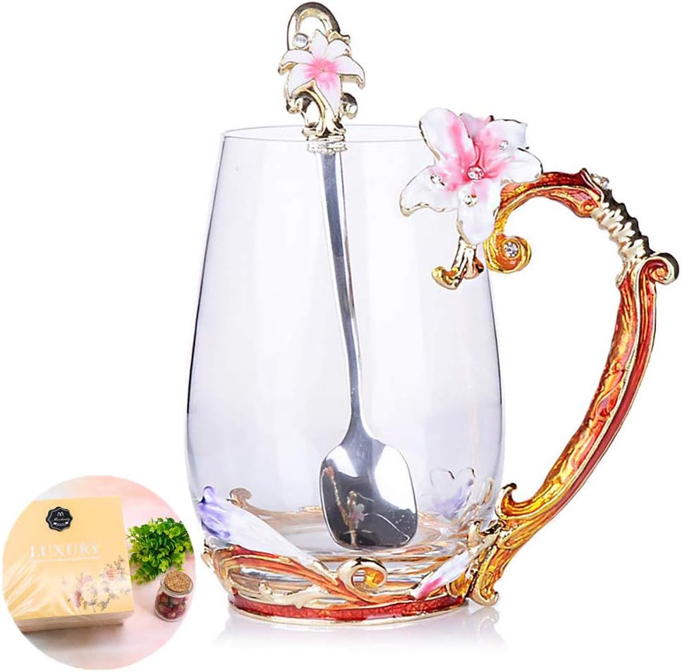 Taza de cristal con flores hecha a mano, para café o té, regalo para esposa, madre, abuela, mujeres