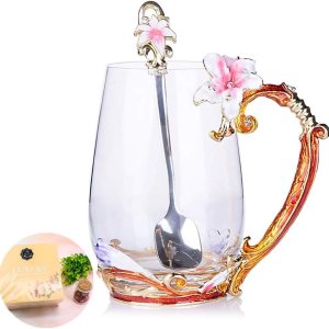 Taza de cristal con flores hecha a mano, para café o té, regalo para esposa, madre, abuela, mujeres Taza de cristal con flores hecha a mano, para café o té, regalo para esposa, madre, abuela, mujeres