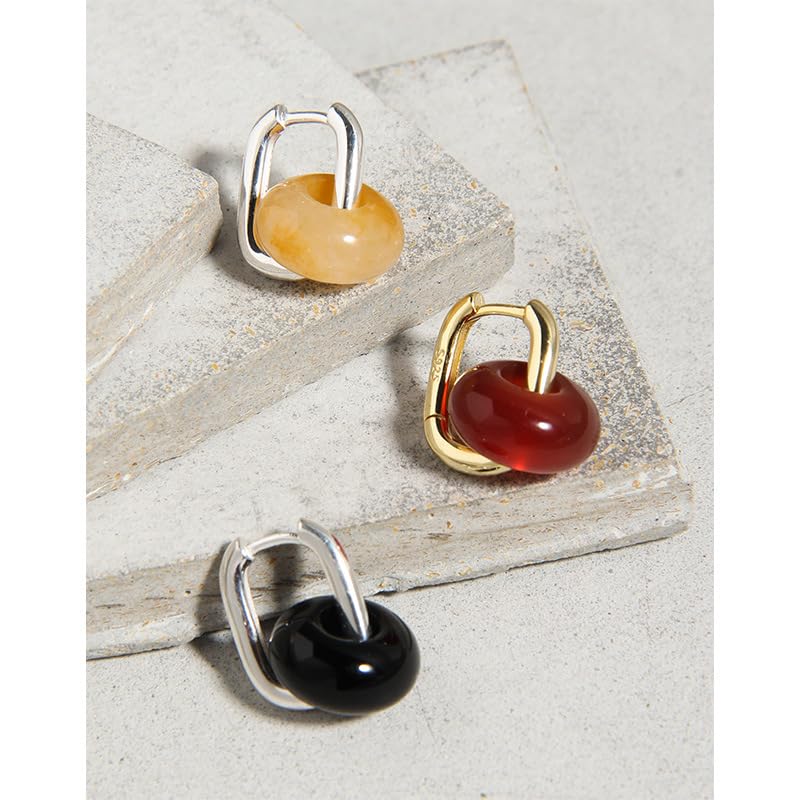 Modern 925 Silver Gemstone Chunky Huggie Hoop Earrings (1pair silver, white)