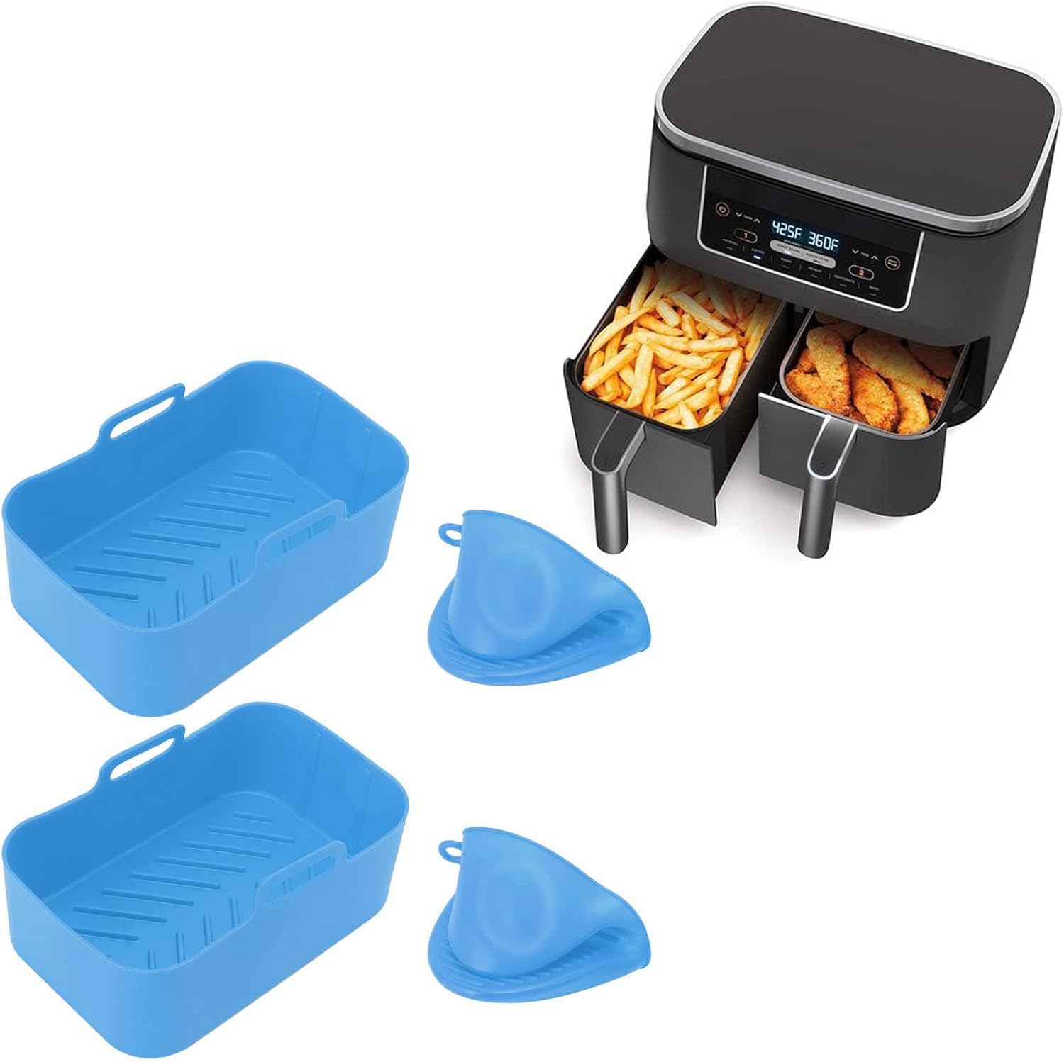 Juego de 2 ollas de silicona para freidora y clip de mano, olla de silicona rectangular resistente al calor, forros de silicona para freidora de