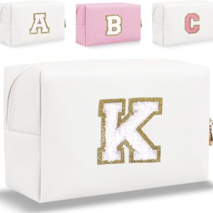 Pequeña bolsa de maquillaje personalizada con letra inicial, bonita bolsa impermeable de piel sintética con letras de chenilla, bolsa de cosméticos Pequeña bolsa de maquillaje personalizada con letra inicial, bonita bolsa impermeable de piel sintética con letras de chenilla, bolsa de cosméticos