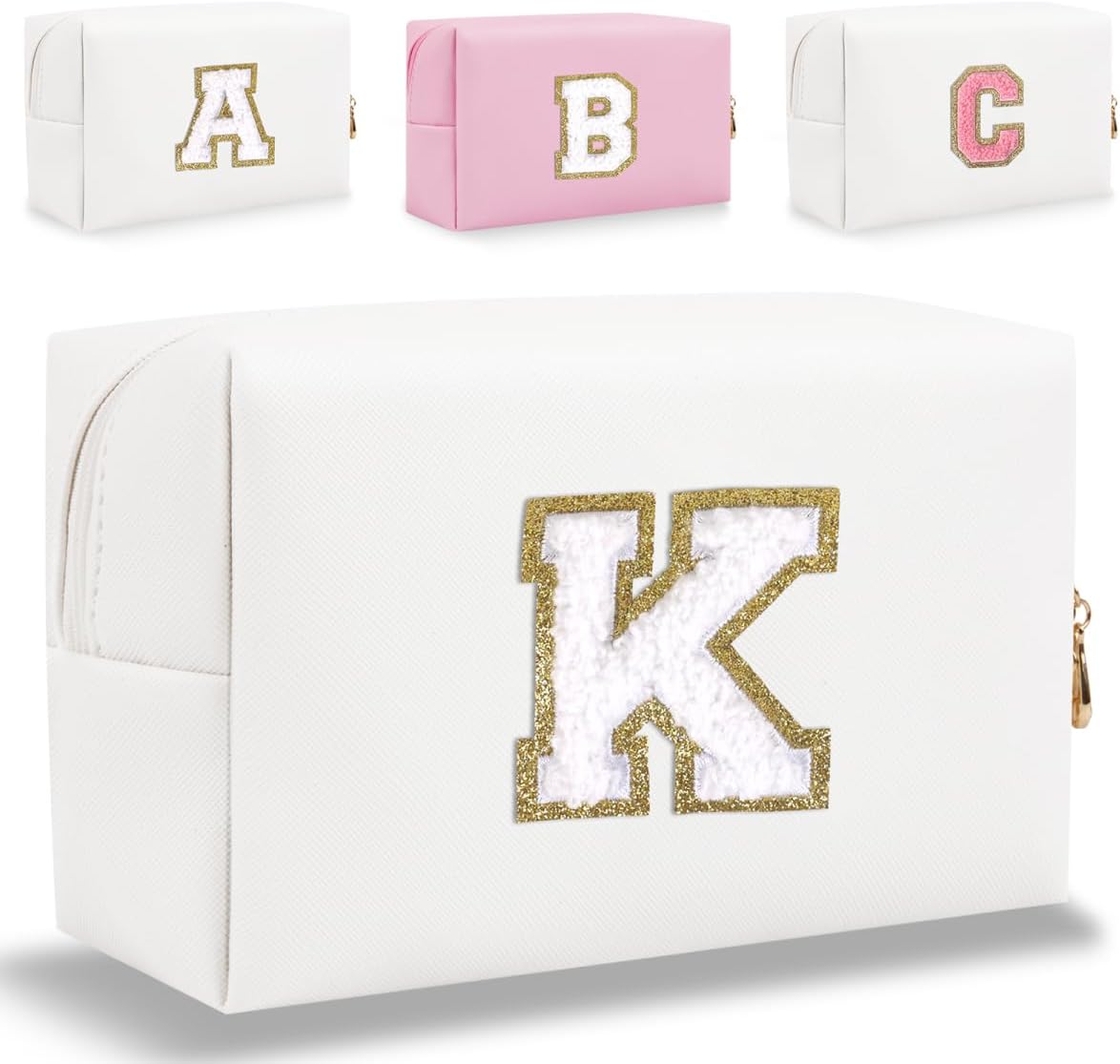 Pequeña bolsa de maquillaje personalizada con letra inicial, bonita bolsa impermeable de piel sintética con letras de chenilla, bolsa de cosméticos