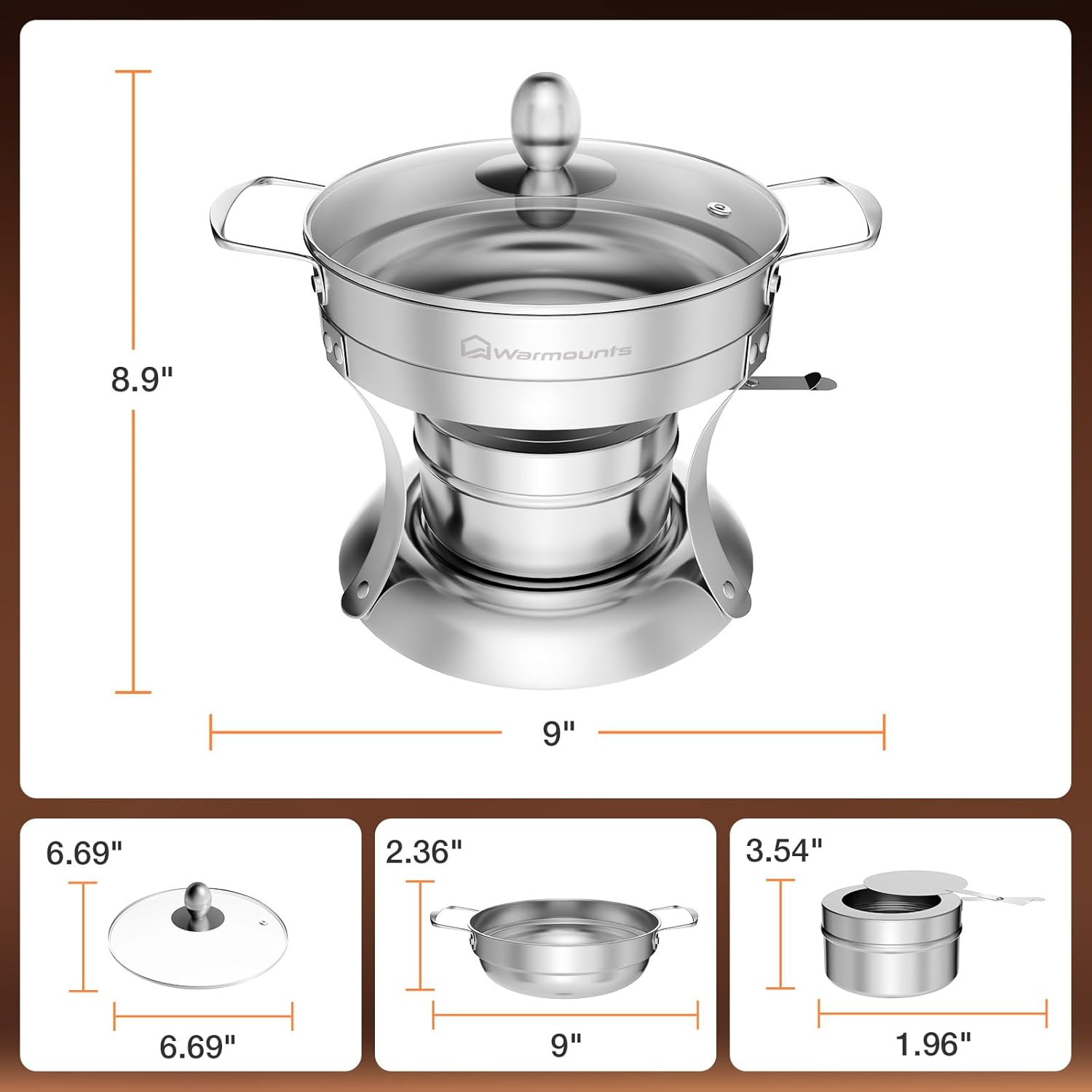 WARMOUNTS 1QT – Juego de 4 platos para bufé, olla caliente individual Shabu individual, acero inoxidable, tapa de vidrio, mini platos redondos para