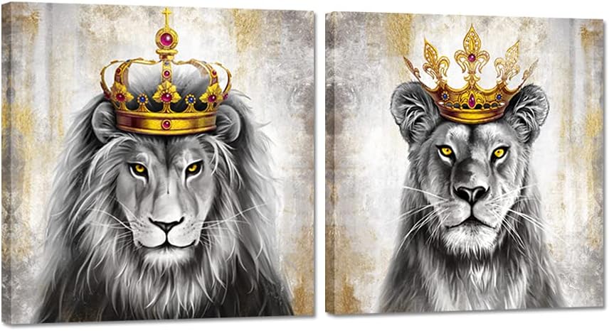 DuoBaorom 2 piezas de lienzo de león y leona de animales rey, arte de pared de león con corona dorada, imagen gris y dorada, impresión giclée,