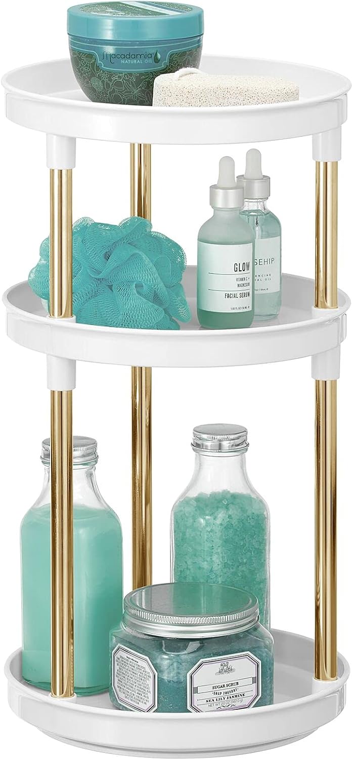 mDesign Spinning Lazy Susan 360 – Organizador de maquillaje giratorio de 3 niveles – Organizador de cosméticos de belleza para tocador de baño,