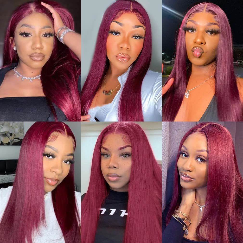 Pelucas de cabello humano con encaje frontal color burdeos 99J 13×4 HD lacio, pelucas de cabello humano prearrancado color rojo vino, peluca sin
