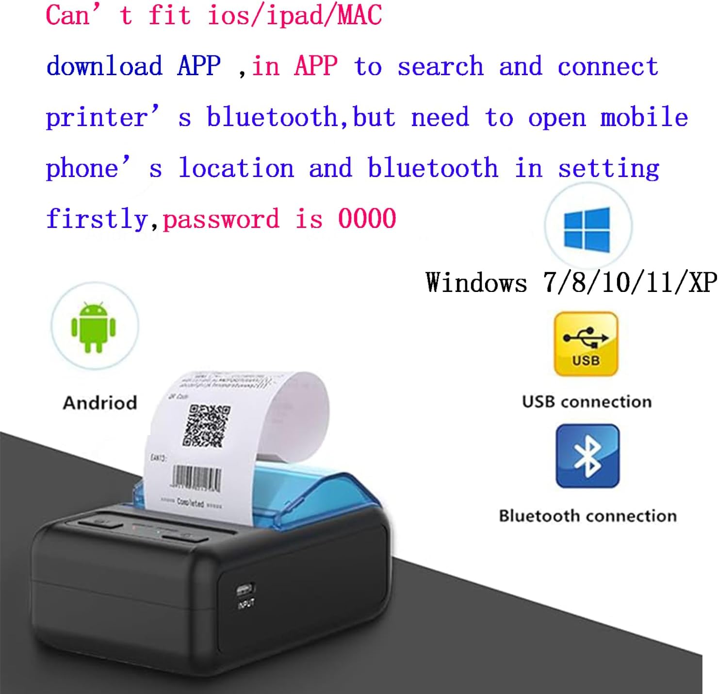 Impresora térmica Bluetooth de recibos de 2.283 in, solo compatible con AndroidWindows, no puede soportar iosiPadMAC, mini bolsillo portátil