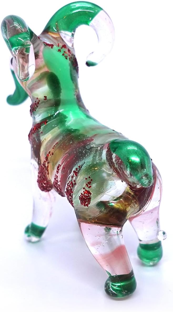Sansukjai Figuras pequeñas de cabra animales soplados a mano, arte de vidrio, regalo coleccionable, decoración del hogar (rojo verde)