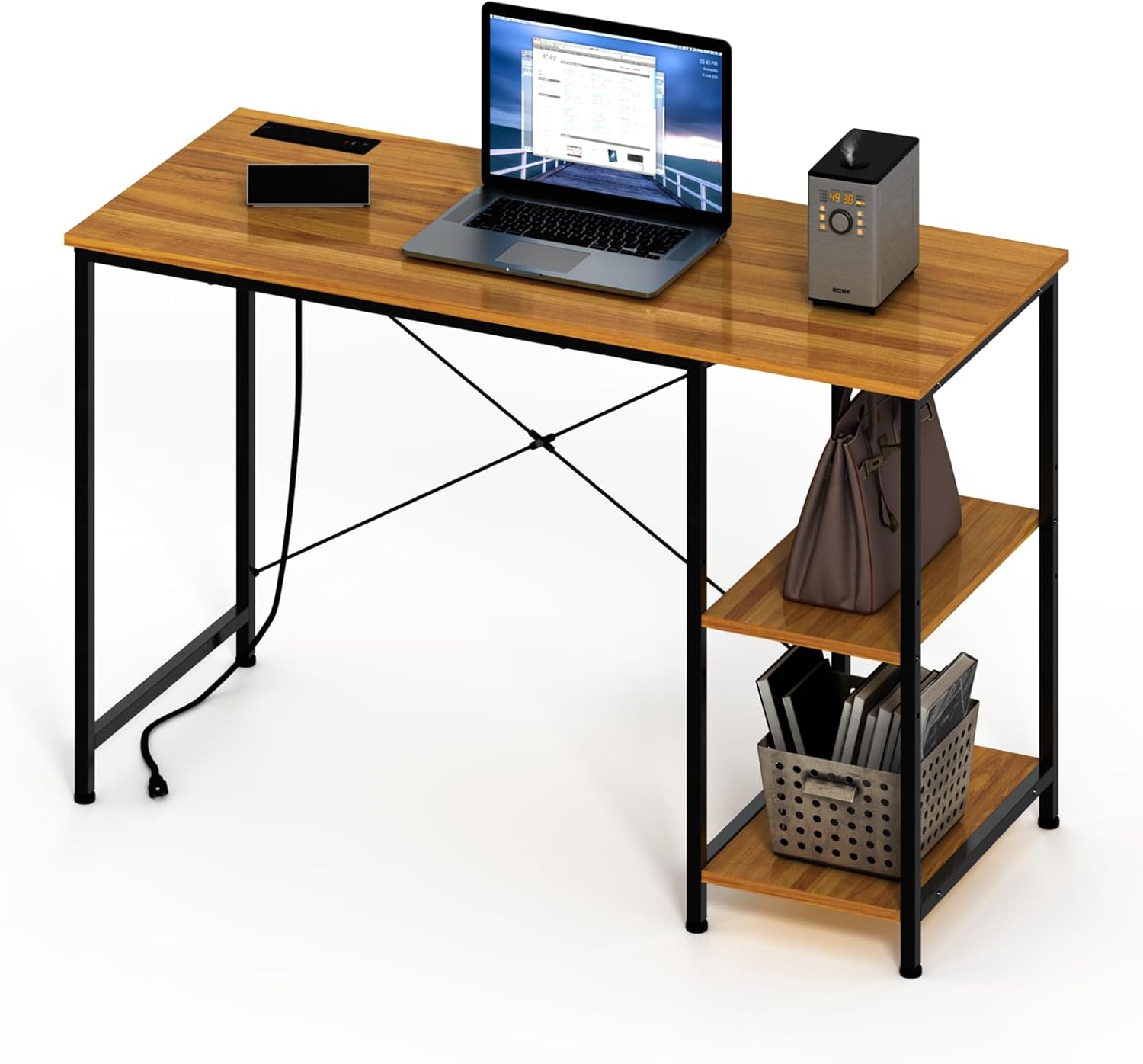 Maxtown Escritorio con estantes, escritorio pequeño para computadora con toma de corriente, mesa de estudio, escritorio de escritura, escritorio de