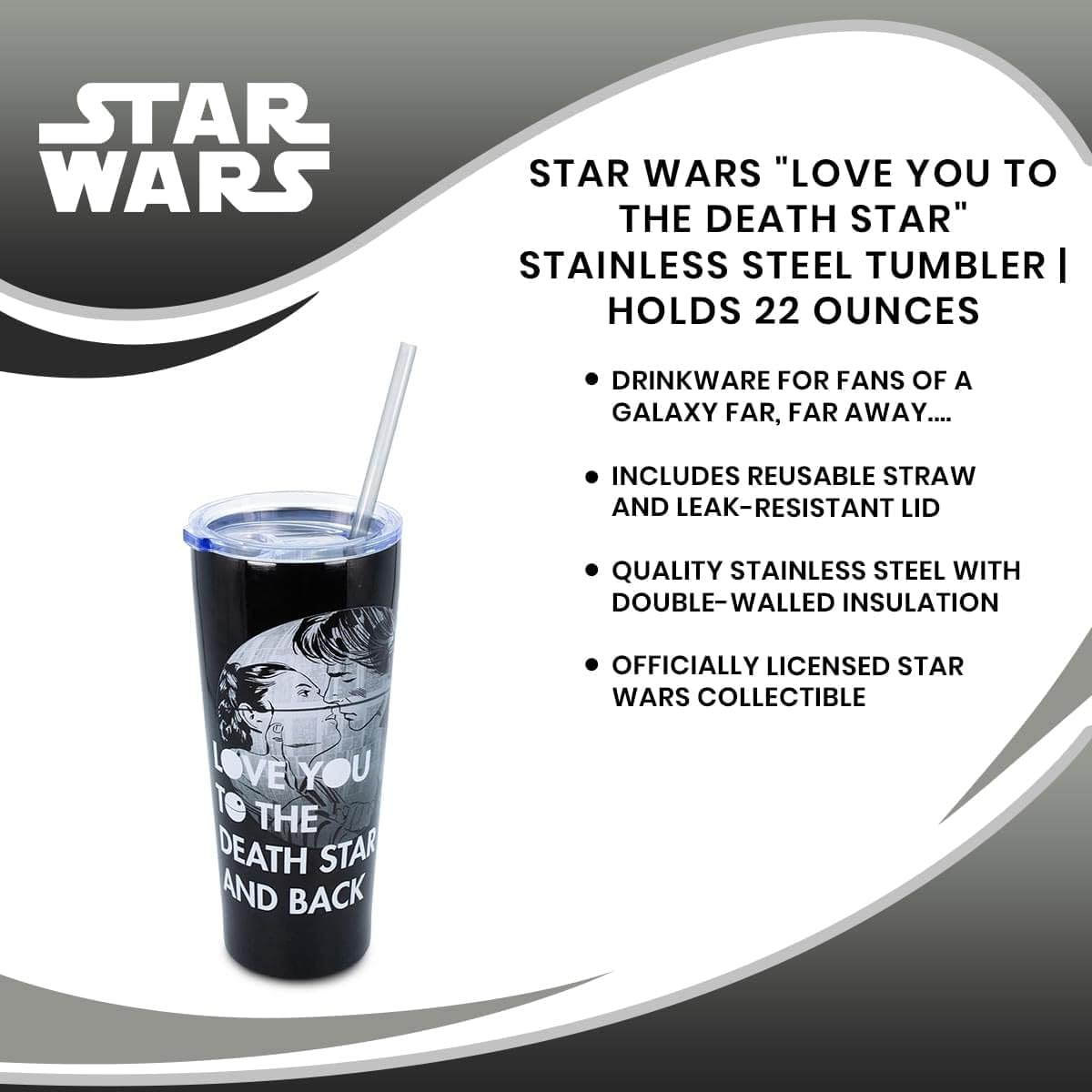Silver Buffalo Vaso de acero inoxidable de doble pared con pajilla, diseño de Star Wars Love You to the Death Star and Back, 22 onzas