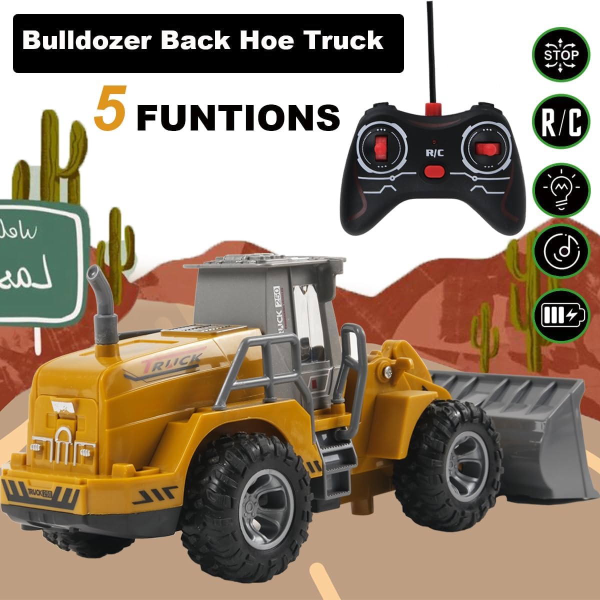 CALEST Bulldozer Rc funcional de 5 canales, vehículos de construcción de control remoto con luces, niveladora de control remoto para niños de 4 a 7