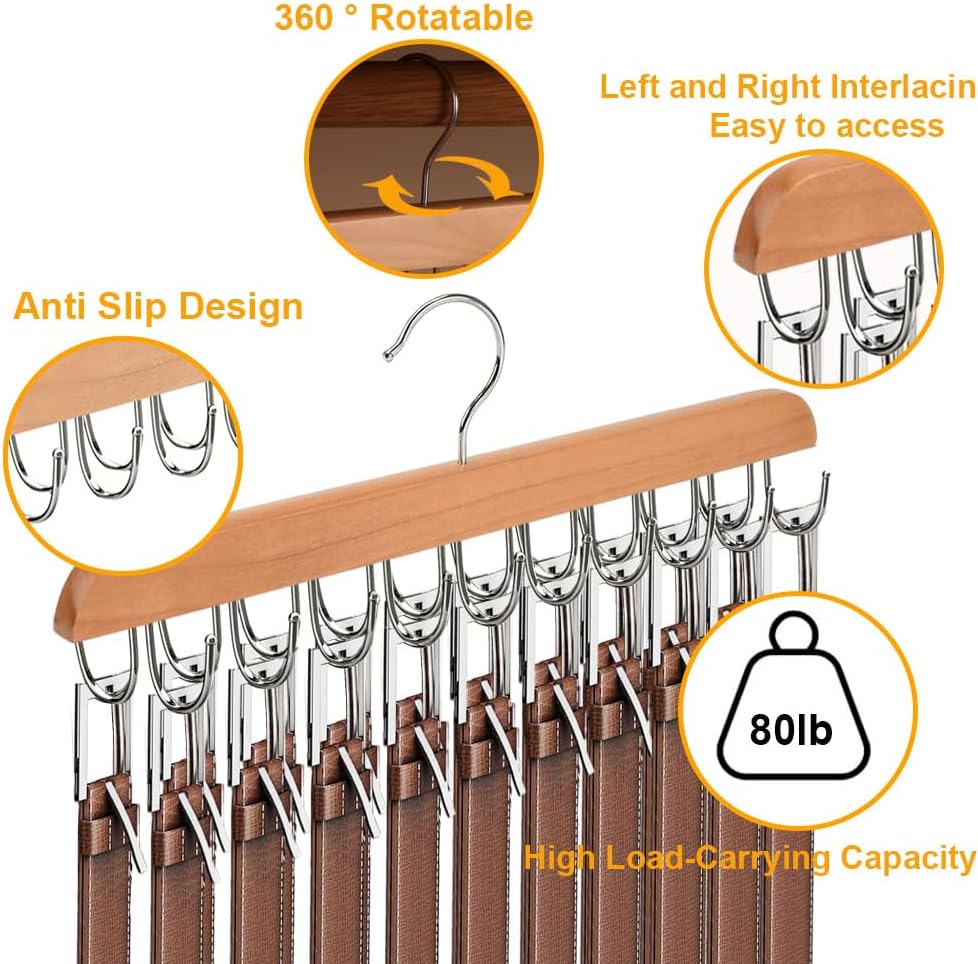 Percha de cinturón para armario con 20 ganchos máximo 60 cinturones, colgador de madera resistente para corbata y cinturón, ahorro de espacio,