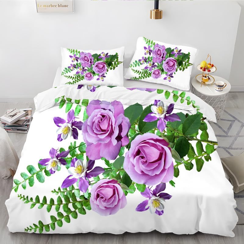 Juego de funda de edredón blanca floral con estampado de flores, tamaño Queen, funda de edredón de microfibra suave y 2 fundas de almohada de 20 x