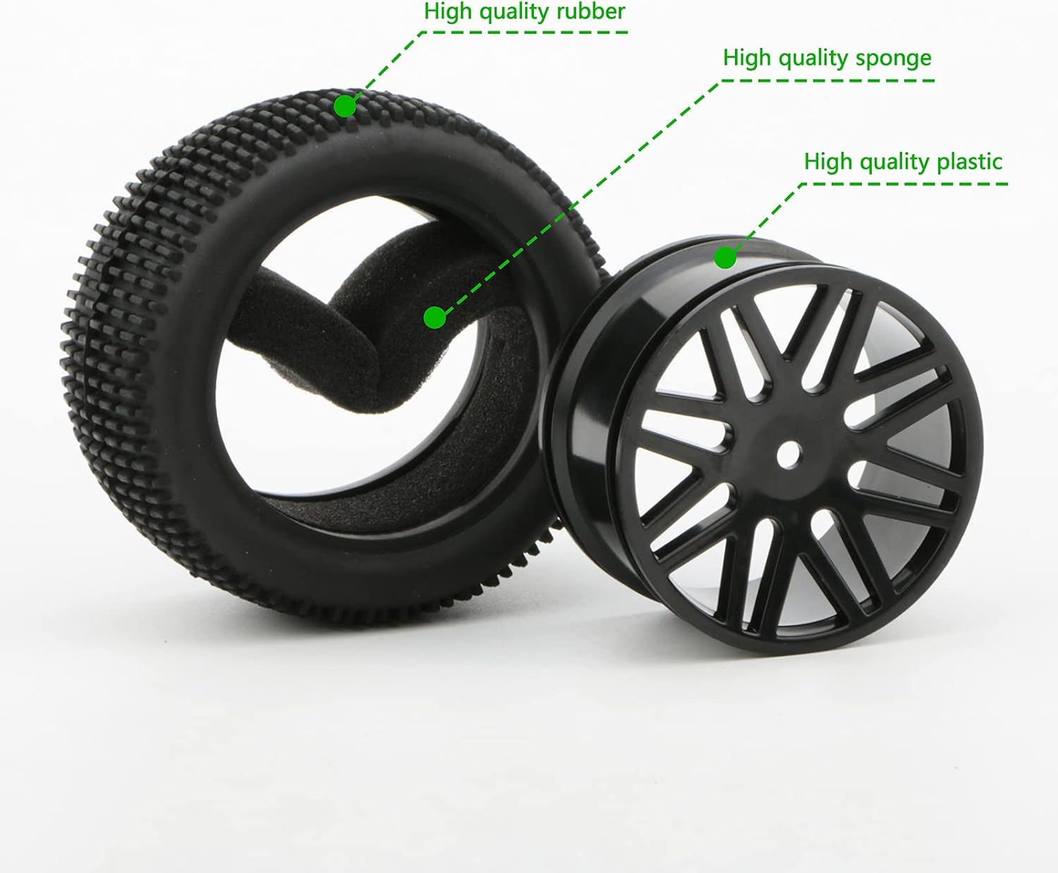 Paquete de 4 ruedas RC, 110 RC, neumáticos RC 110 todoterreno de goma y llanta HEX de 0.472 pulgadas, color negro con insertos de espuma para