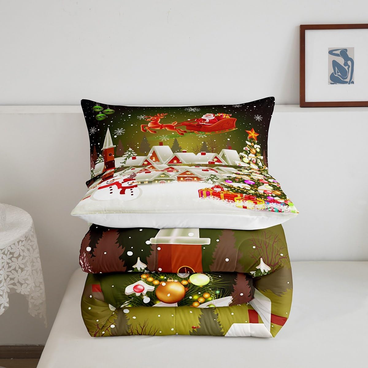 Manfei Juego de edredón de Navidad, tamaño King, juego de edredón de árbol de Navidad, muñeco de nieve con 2 fundas de almohada, juego de ropa de