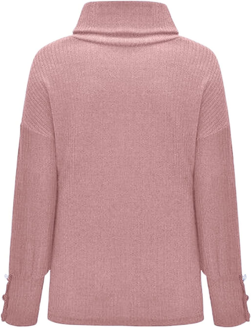 Womens 2023 Fall Pullover Sweaters Solid Long Sleeve Turtleneck Knitted Casual Button Oversized Tunic