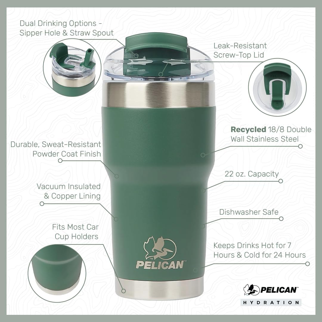Pelican Hydration Pelican Traveler – Vaso aislado al vacío de 22 onzas, acero inoxidable, doble pared, con tapa doble, taza de café aislada con