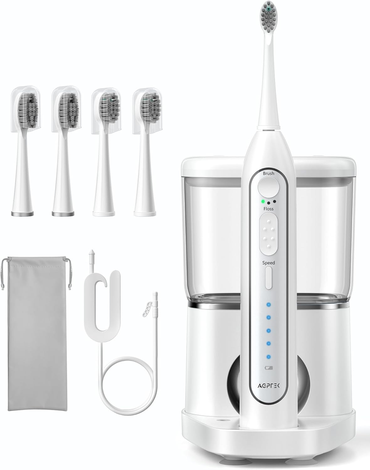 AGPTEK Cepillo de dientes eléctrico e hilo dental de agua, limpiador de dientes inalámbrico de 3 modos y 5 irrigadores orales a presión de agua,