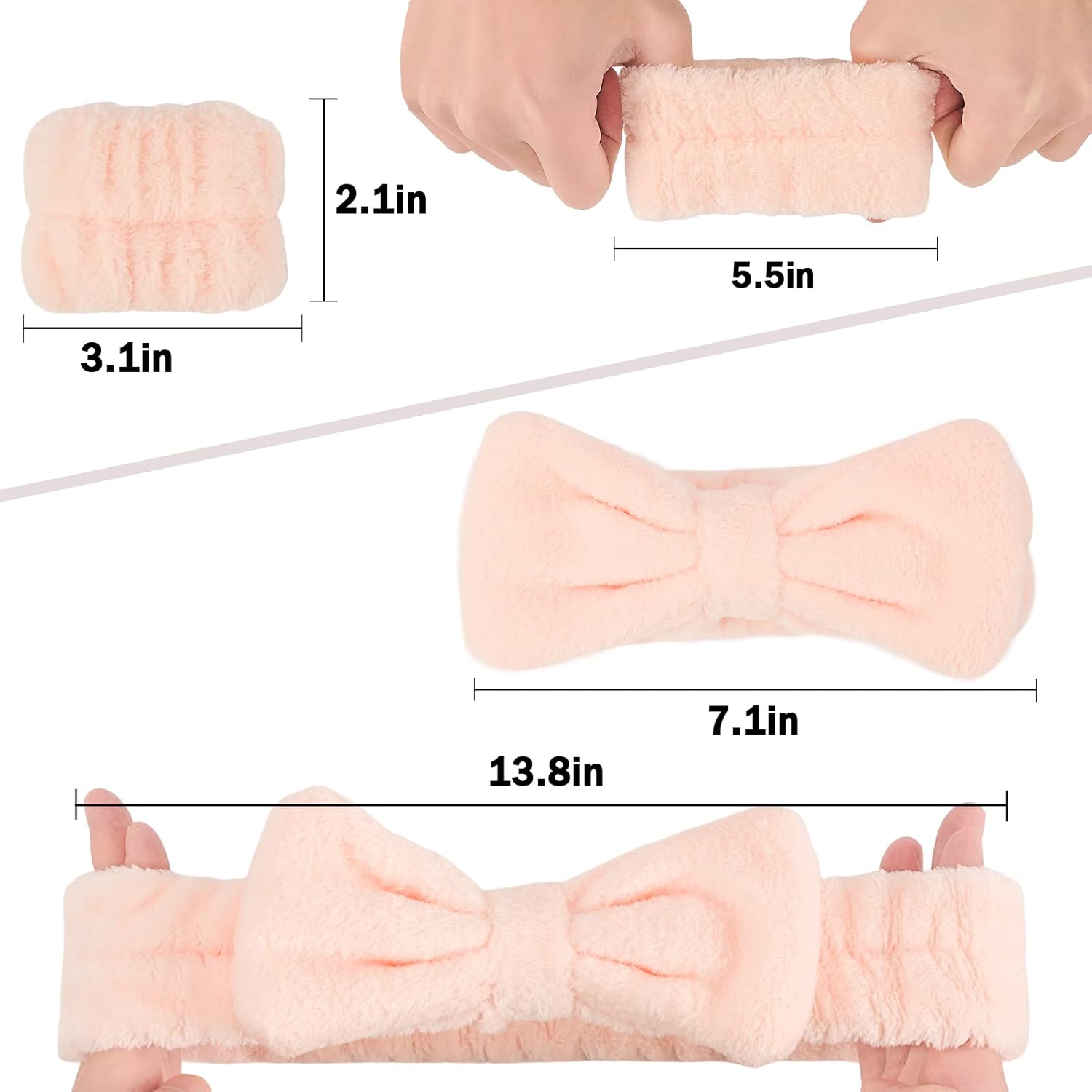 Juego de 3 diademas de spa y muñequeras para el cuidado de la piel, bandas para el cuidado de la piel, diadema rosa lavado, suave maquillaje facial,